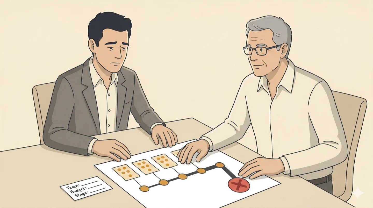 Founder and engineer reviewing a decision timeline