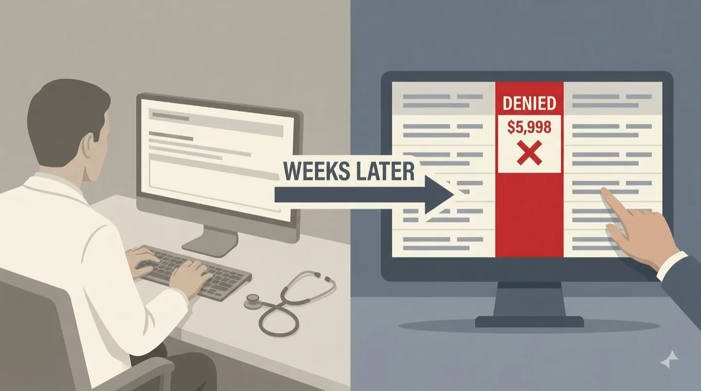A clinician entering data at a computer, with an arrow labeled Weeks Later pointing to a denied claim on a billing screen