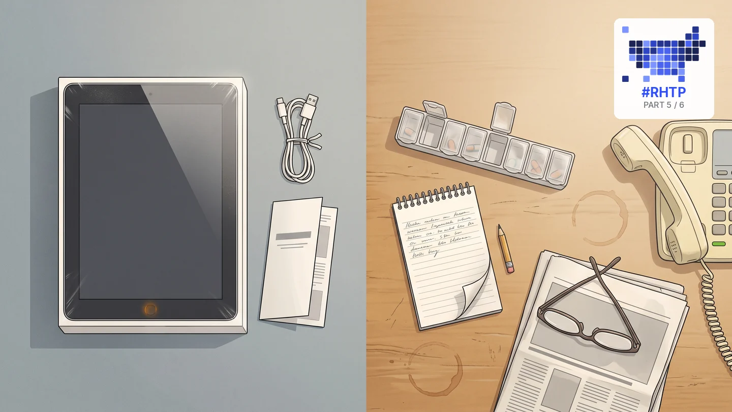 An illustrated kitchen table seen from above, split in two. On the cool grey left, a tablet still sealed in its box with the cable coiled in its factory tie and the instruction leaflet unopened. On the warm wooden right, the things actually in use: an open pill organizer, a handwritten notepad, reading glasses on a newspaper, and a corded telephone.