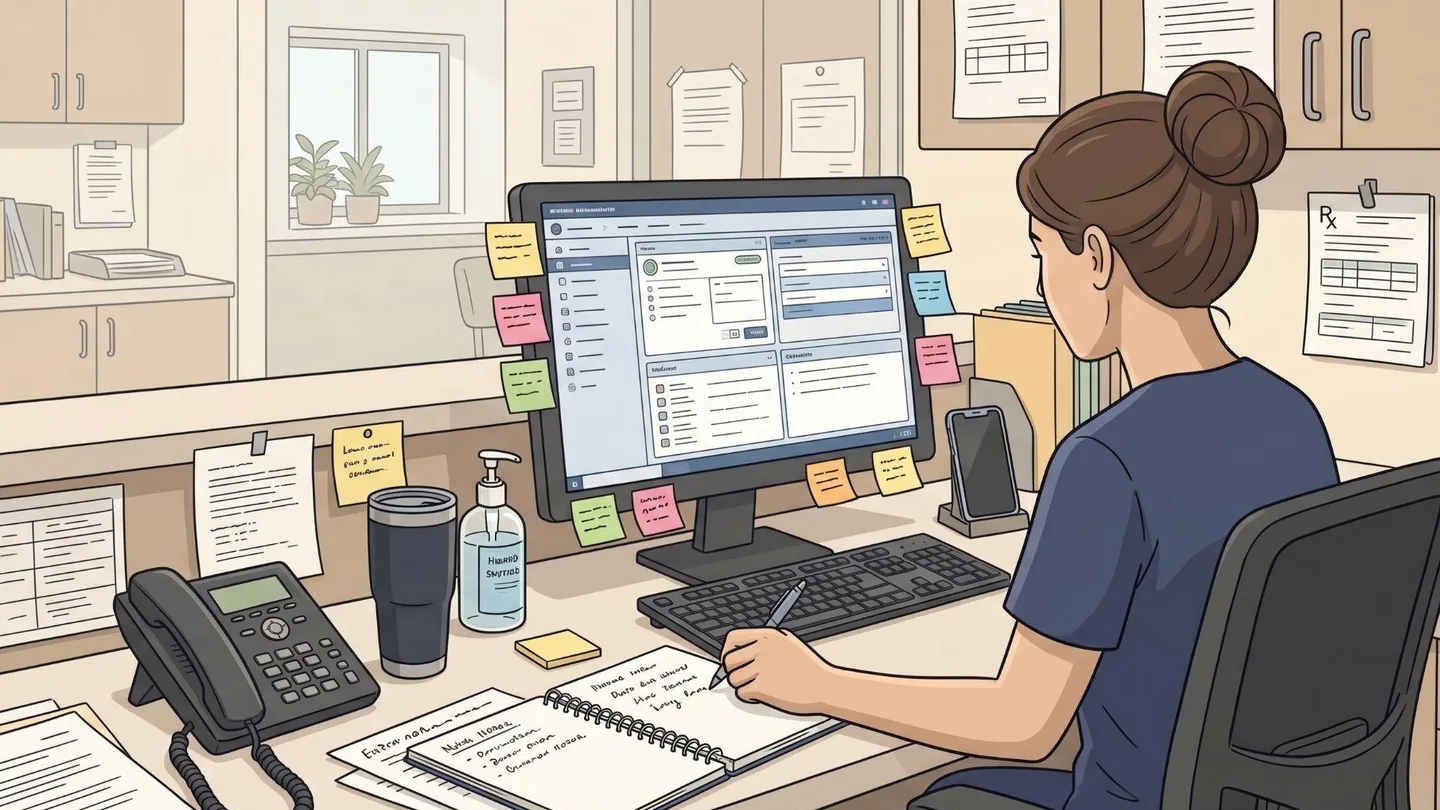 An illustrated clinic workstation. A staff member writes in a notebook beside a monitor ringed with sticky notes, next to a desk phone, a thermos and stacks of paper forms.