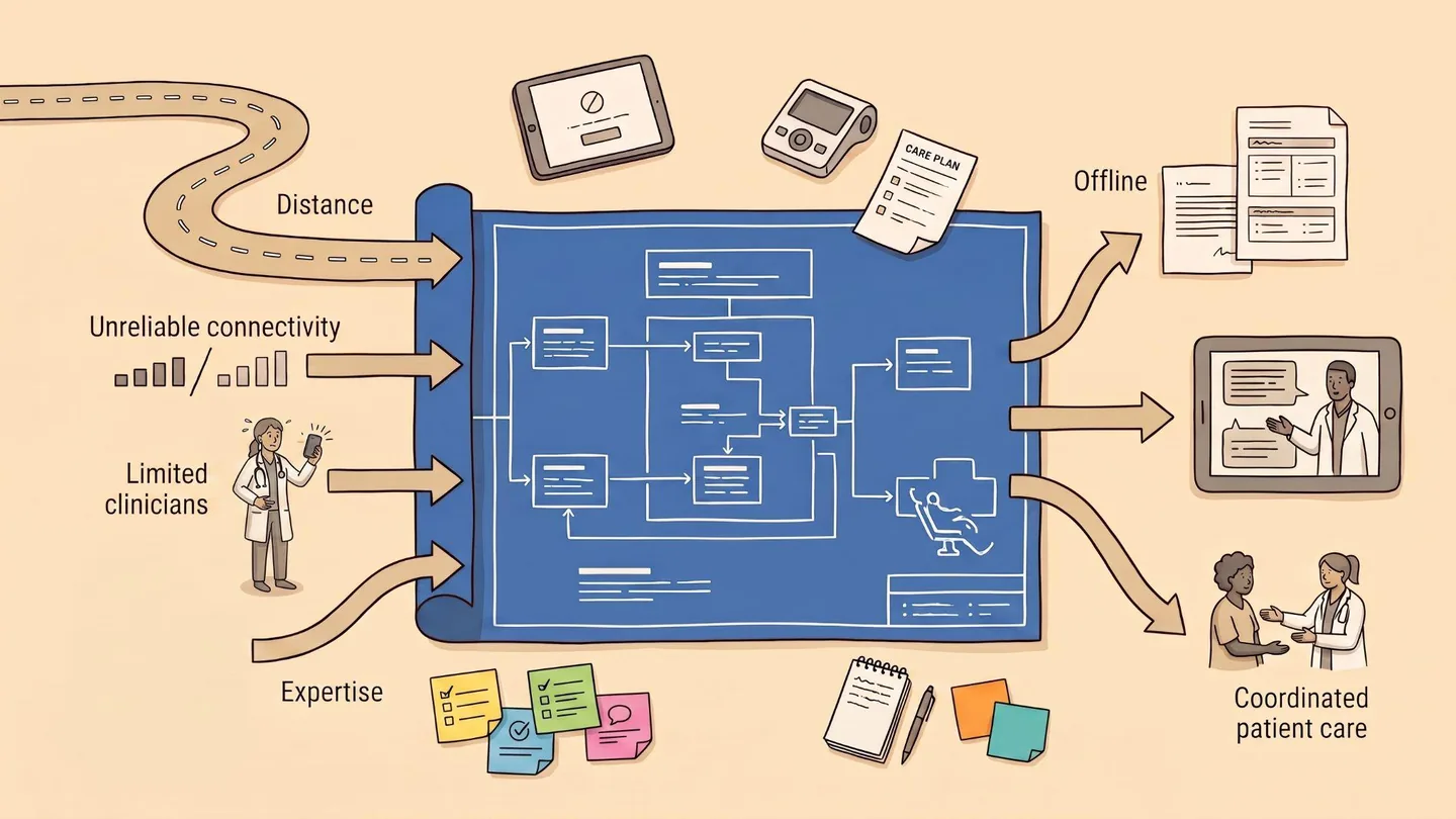 An illustration of a blueprint for rural care. Distance, unreliable connectivity, limited clinicians and scarce expertise flow into the plan; offline records, video visits and coordinated patient care come out.
