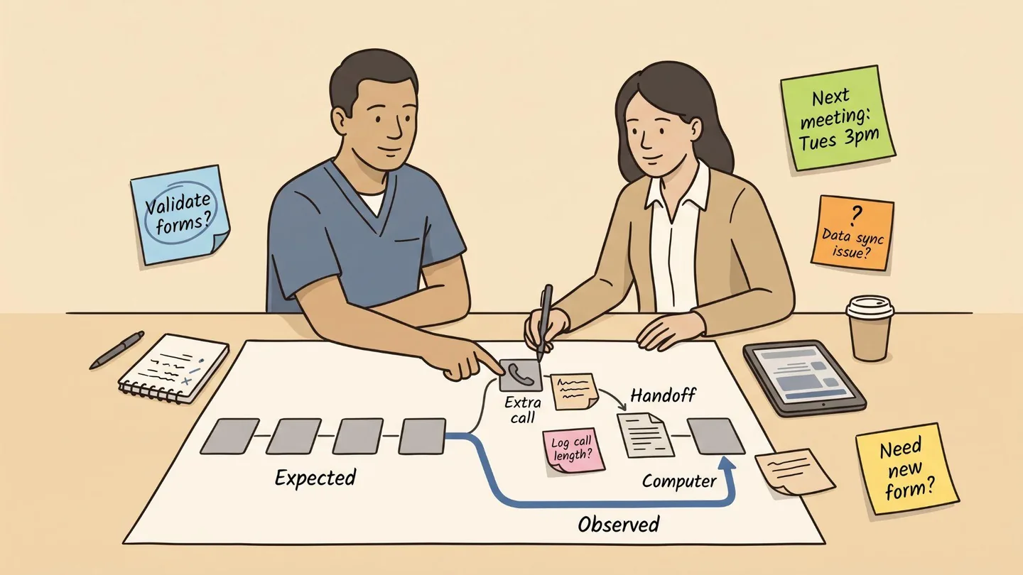 An illustration of a clinician and a researcher at a table, mapping a workflow on a large sheet. The expected path runs straight; the observed path loops through an extra call and a handoff.