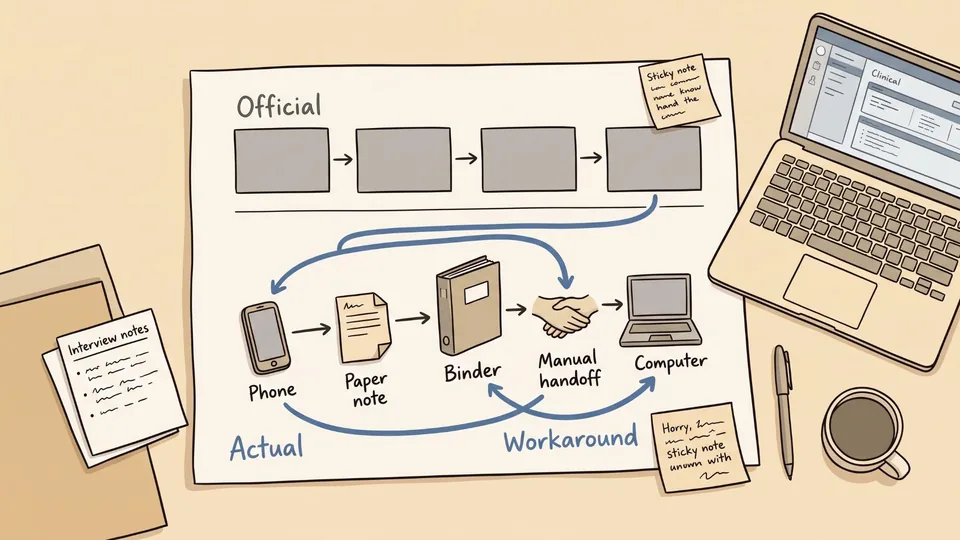 A hand-drawn workflow map. The official process is a tidy row of four steps. Below it, the actual process runs from a phone to a paper note, a binder, a manual handoff and finally the computer, with arrows marking the workaround.