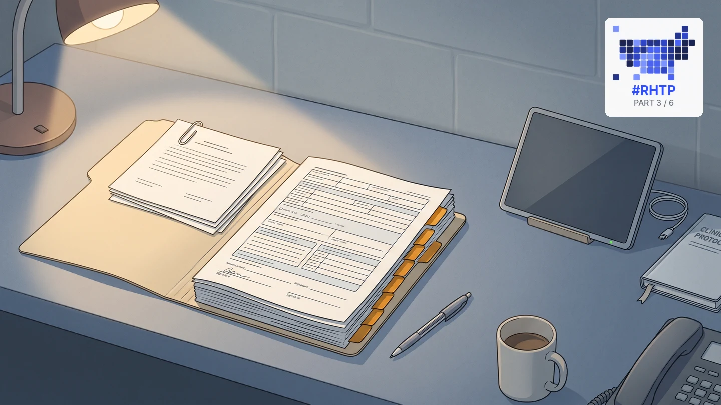 An illustrated clinician's desk before dawn. A warm lamp lights a thick provider licensure and credentialing packet, open, tabbed in amber and only half completed, while a new tablet sits dark and untouched at the edge of the desk showing a single green ready light.