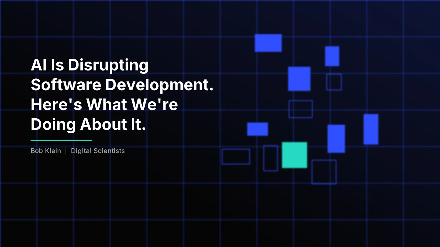 AI Is Disrupting Software Development — geometric grid with data blocks representing AI automation