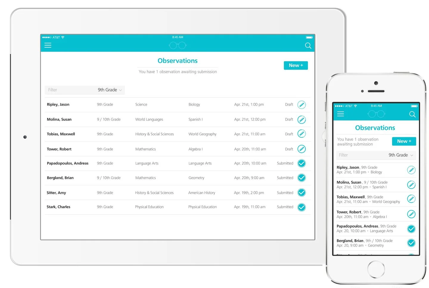 AdvancED eleot observations dashboard shown on iPad tablet and iPhone with classroom observation data table