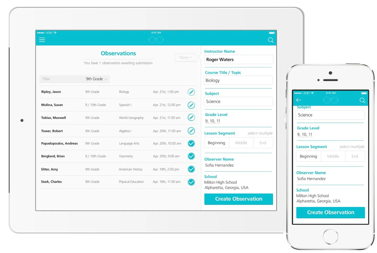 eleot create new observation screen on iPad and iPhone showing instructor name, course, subject, and grade level fields