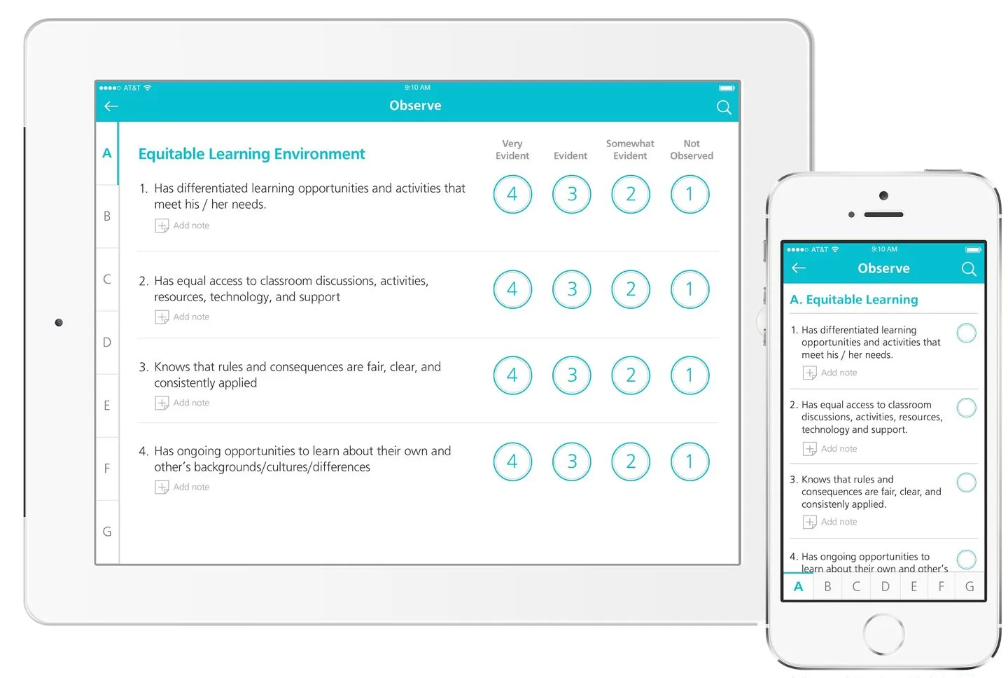 eleot observation form showing Equitable Learning Environment with 4-point rating scale on tablet and phone