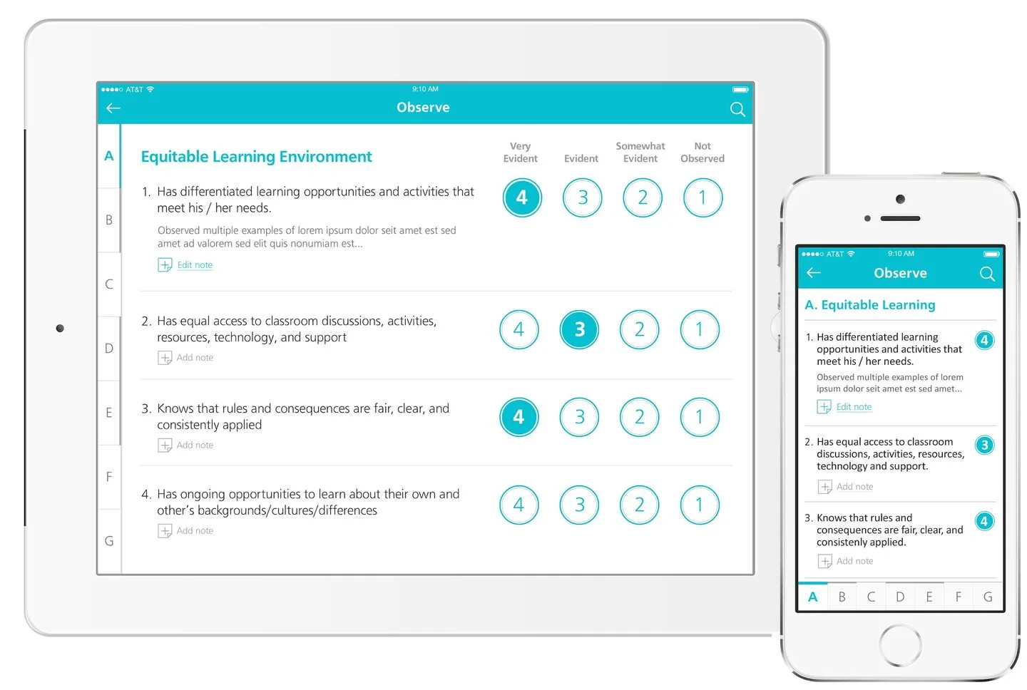 eleot observation in progress showing rated items with notes and progress tracking across environments