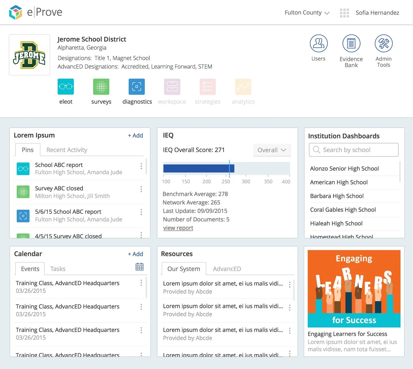 eProve system dashboard showing eleot, surveys, diagnostics, strategies, workspace, and analytics applications with institutional data, IEQ scores, calendar, and resources