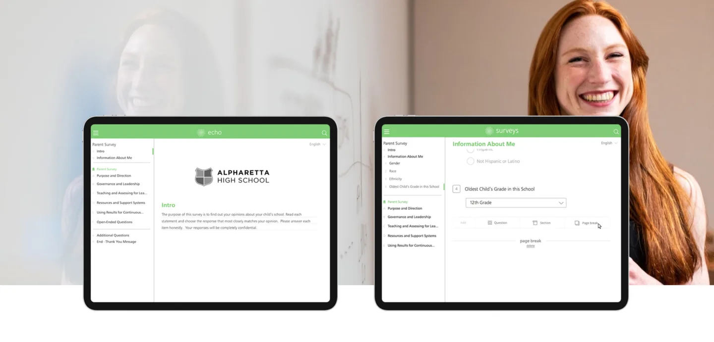 eProve Surveys application showing survey authoring interface with question types, branching logic, and response options