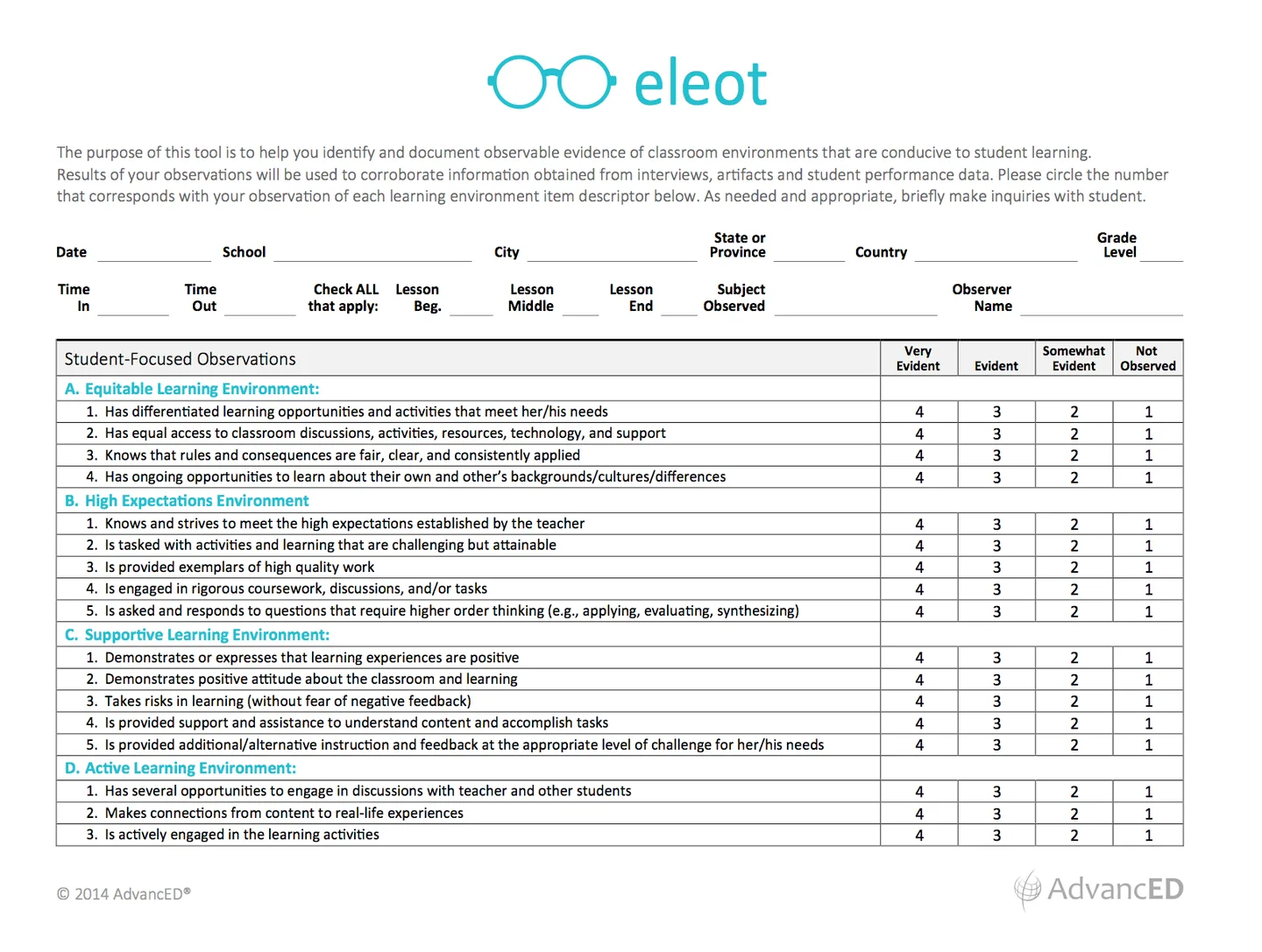 Original ELEOT paper observation form showing seven learning environments with rating scales for classroom observations