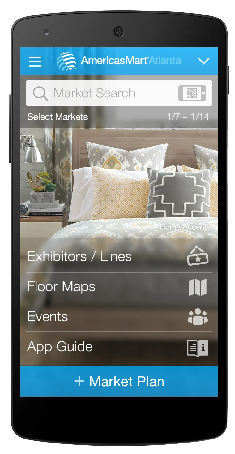 AmericasMart Atlanta mobile app showing exhibitor search, floor maps, events, and Market Plan features