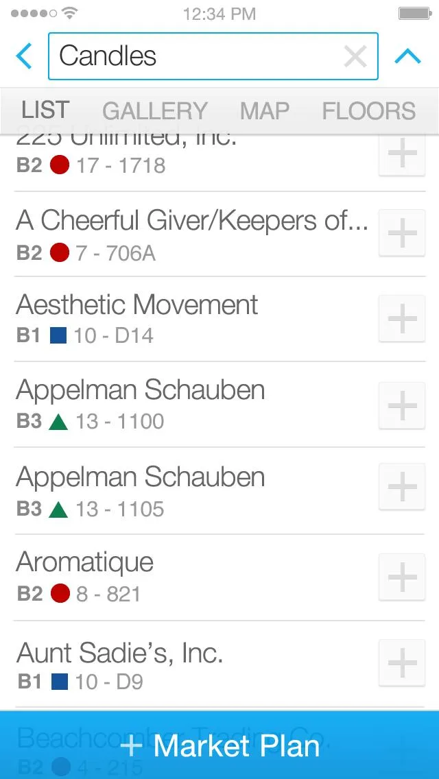 Search results showing exhibitors in List view with building and booth locations
