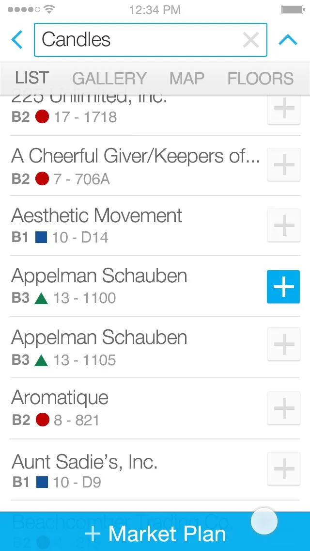 Market Plan showing saved exhibitors with add-to-plan functionality