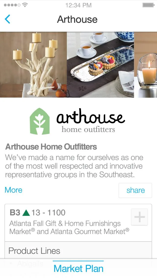 Exhibitor profile showing gallery, categories, and social feeds