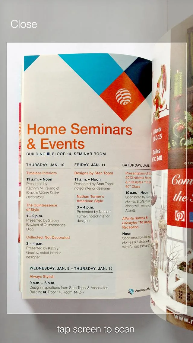QR scanner feature showing catalog page scanning with tap-to-scan interface
