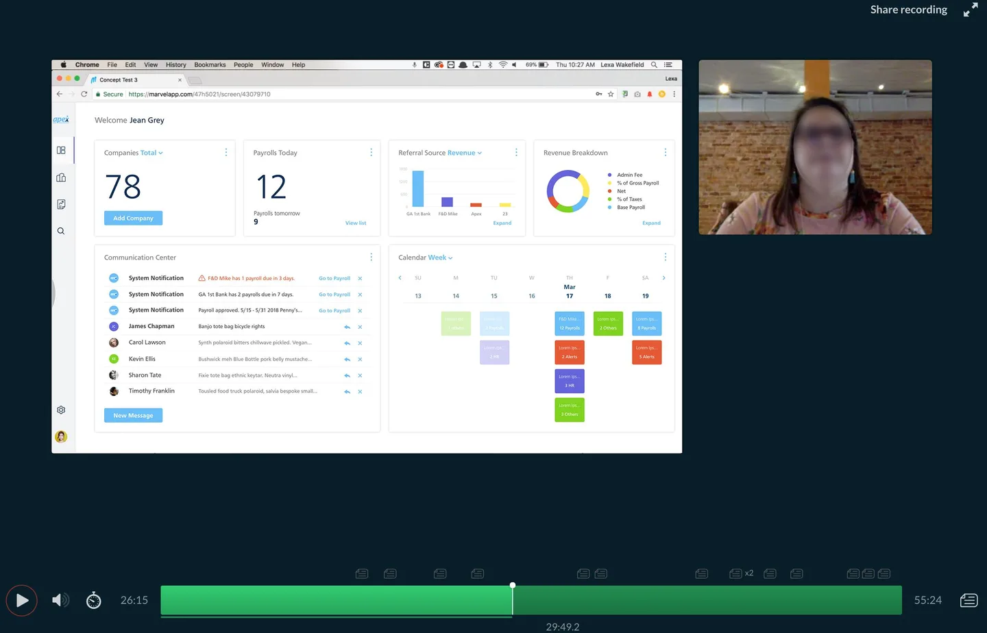 Screen recording of a moderated SBO concept validation session showing the redesigned Apex dashboard prototype in Marvel App with participant on video