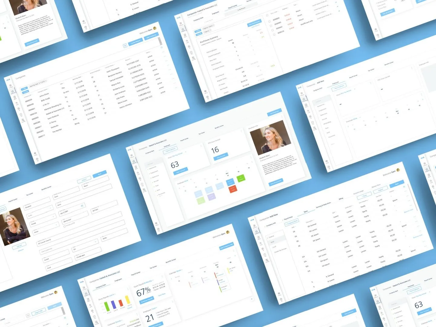 Isometric grid of all redesigned Apex HCM screens including dashboards, employee profiles, payroll center, company setup, and communication views on a blue background