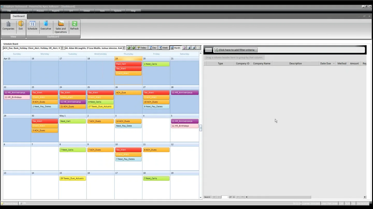 Legacy Apex dashboard with crowded schedule board, color-coded calendar events, and dense data tables