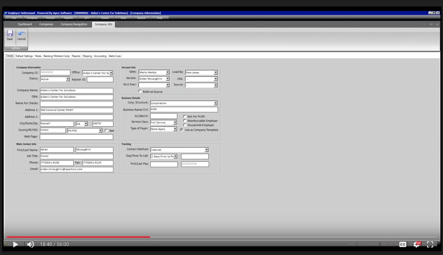 Legacy Apex company information form with small text fields, crowded layout, and multiple tabs requiring extensive navigation
