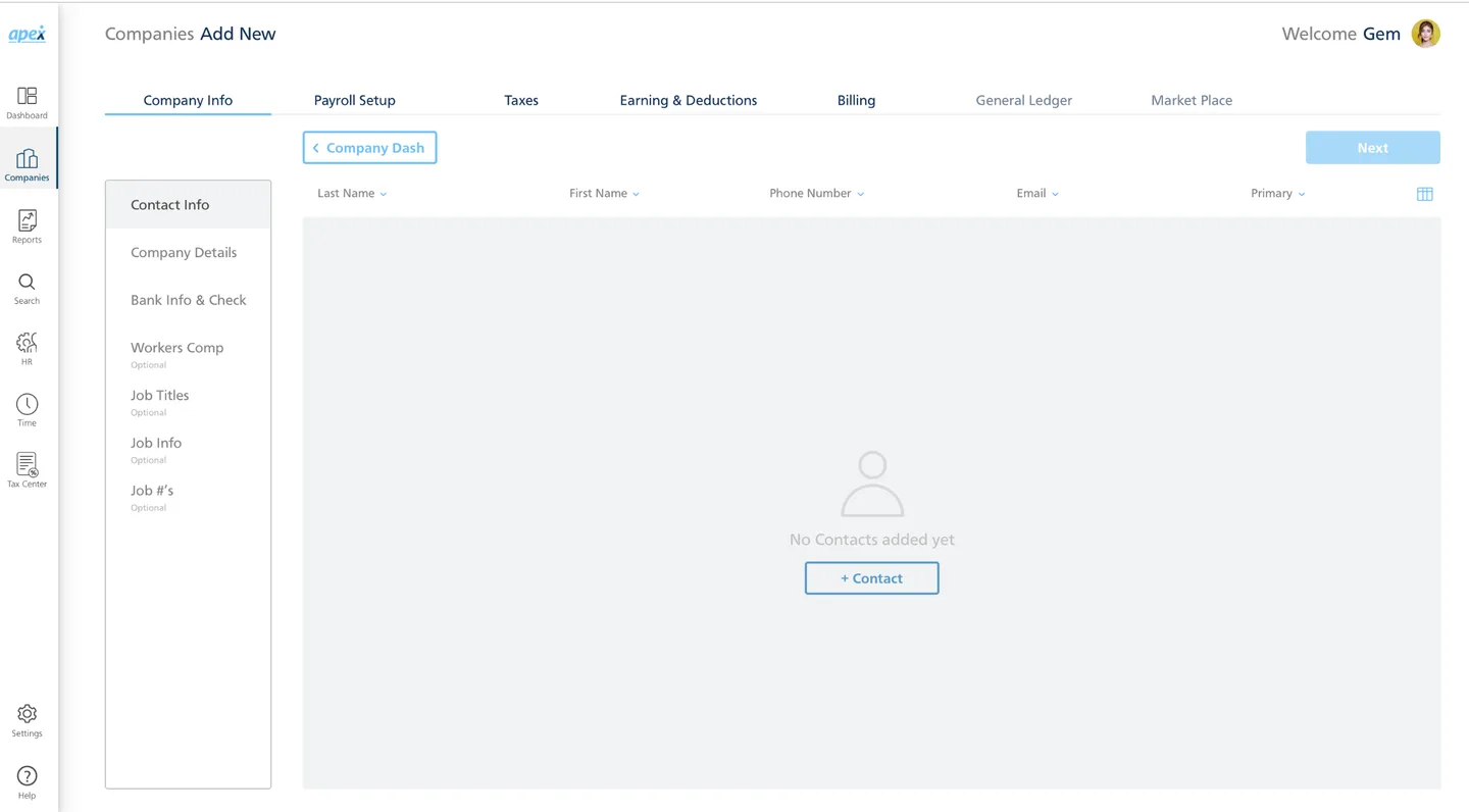 Redesigned company setup with tabbed navigation showing Company Info, Payroll Setup, Taxes, Earning and Deductions, Billing, General Ledger, and Market Place tabs with clean form layout