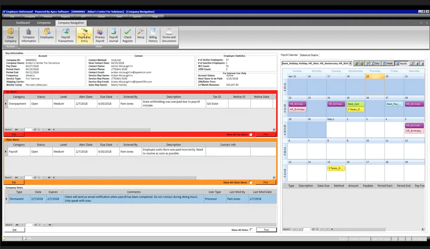 Legacy Apex OnDemand dashboard showing crowded interface with color-coded calendar events, alert tables, and dense navigation toolbar