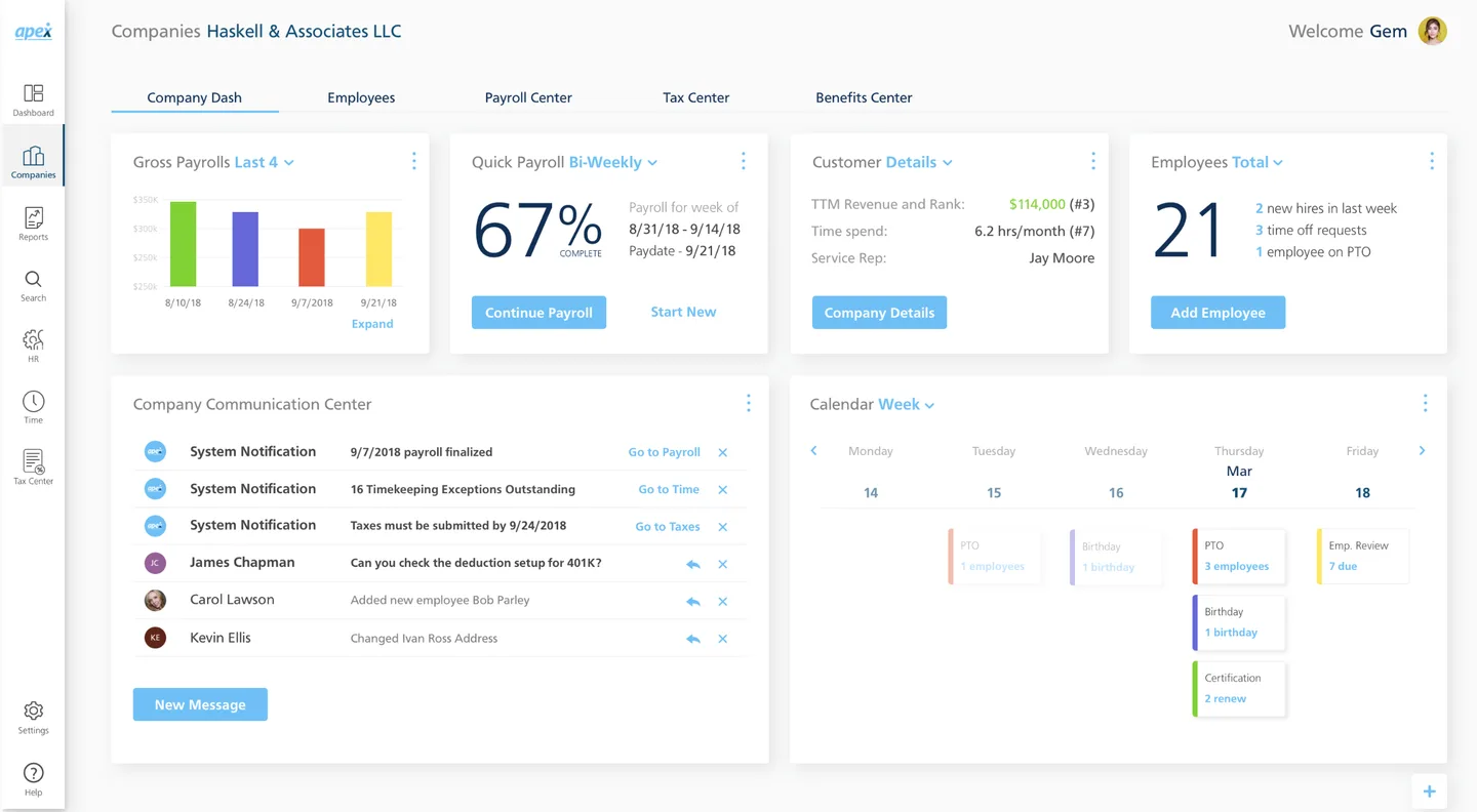 Redesigned Apex HCM dashboard showing modern payroll management interface with quick payroll, employee totals, communication center, and calendar