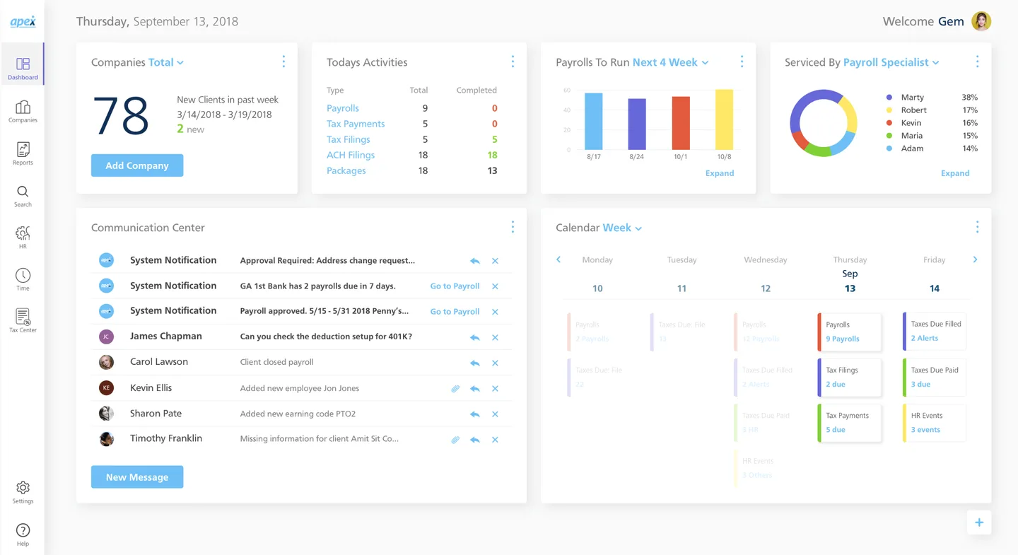 Redesigned Apex service rep dashboard showing Companies Total of 78, Todays Activities summary, Payrolls To Run chart, Serviced By Payroll Specialist section, Communication Center, and weekly Calendar