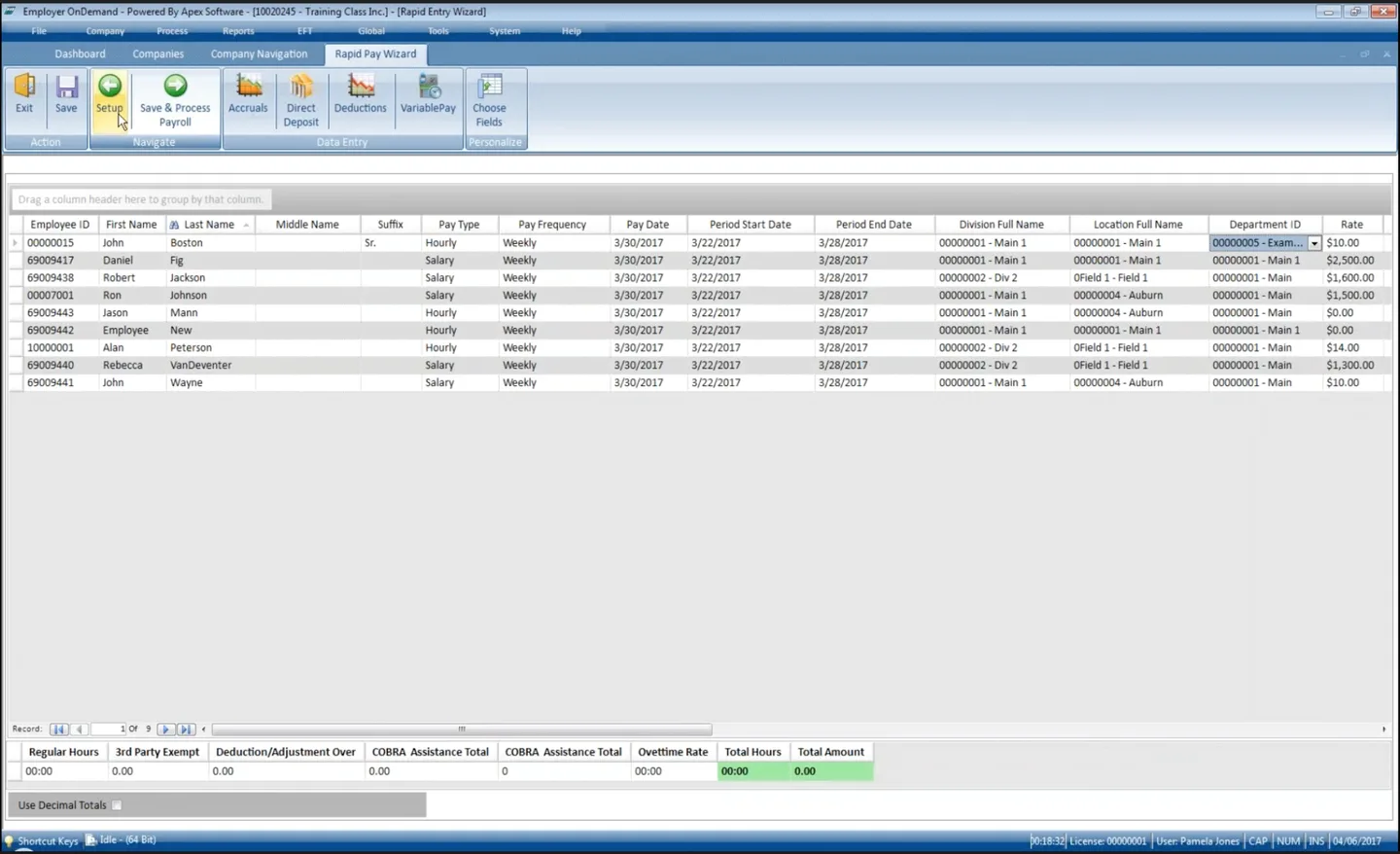 Legacy Rapid Pay Wizard with dense spreadsheet-style data entry, small fonts, and toolbar-heavy navigation