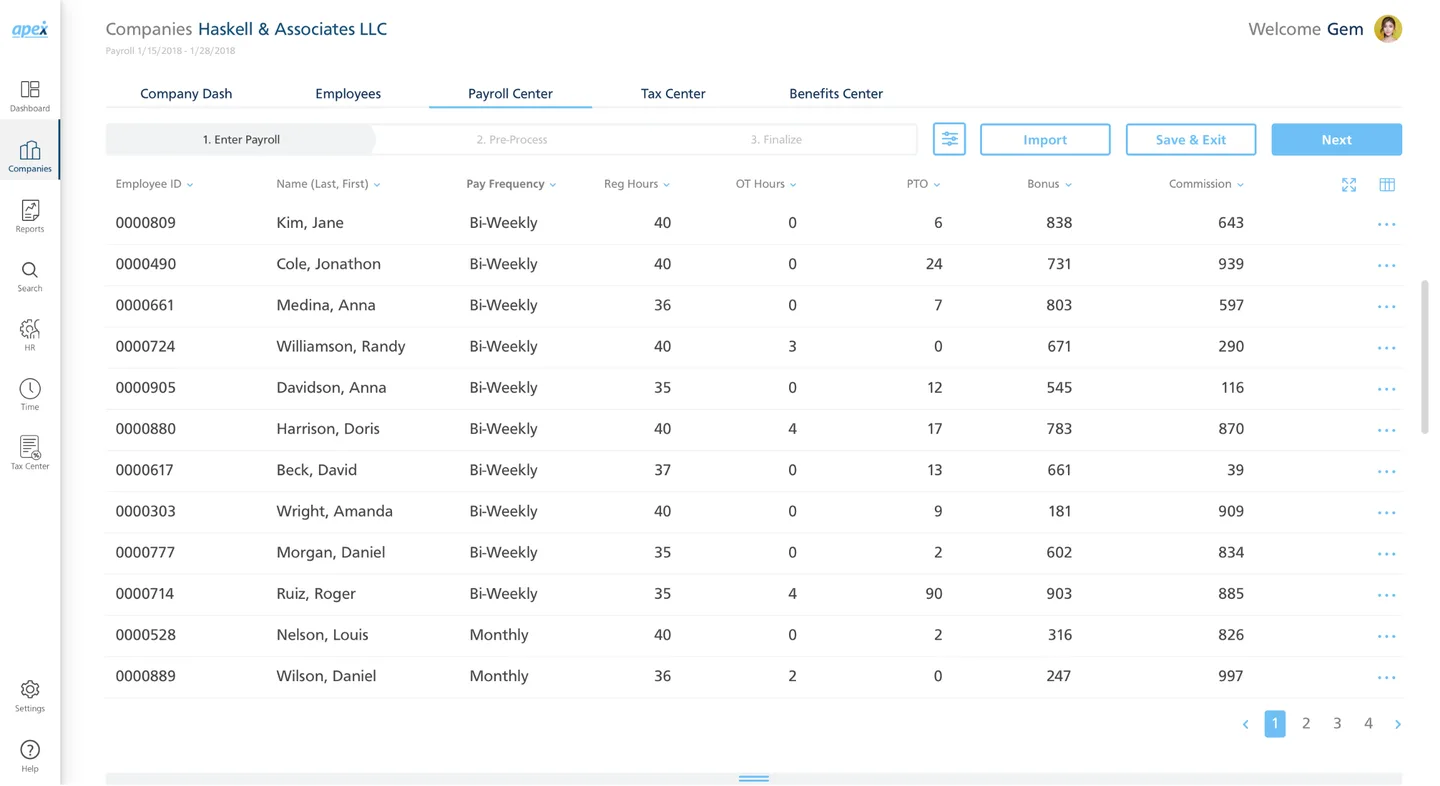 Redesigned Payroll Center showing step progress bar with Enter Payroll, Pre-Process, and Finalize steps, clean employee data table with hours, pay frequency, overtime, PTO, bonus, and commission columns