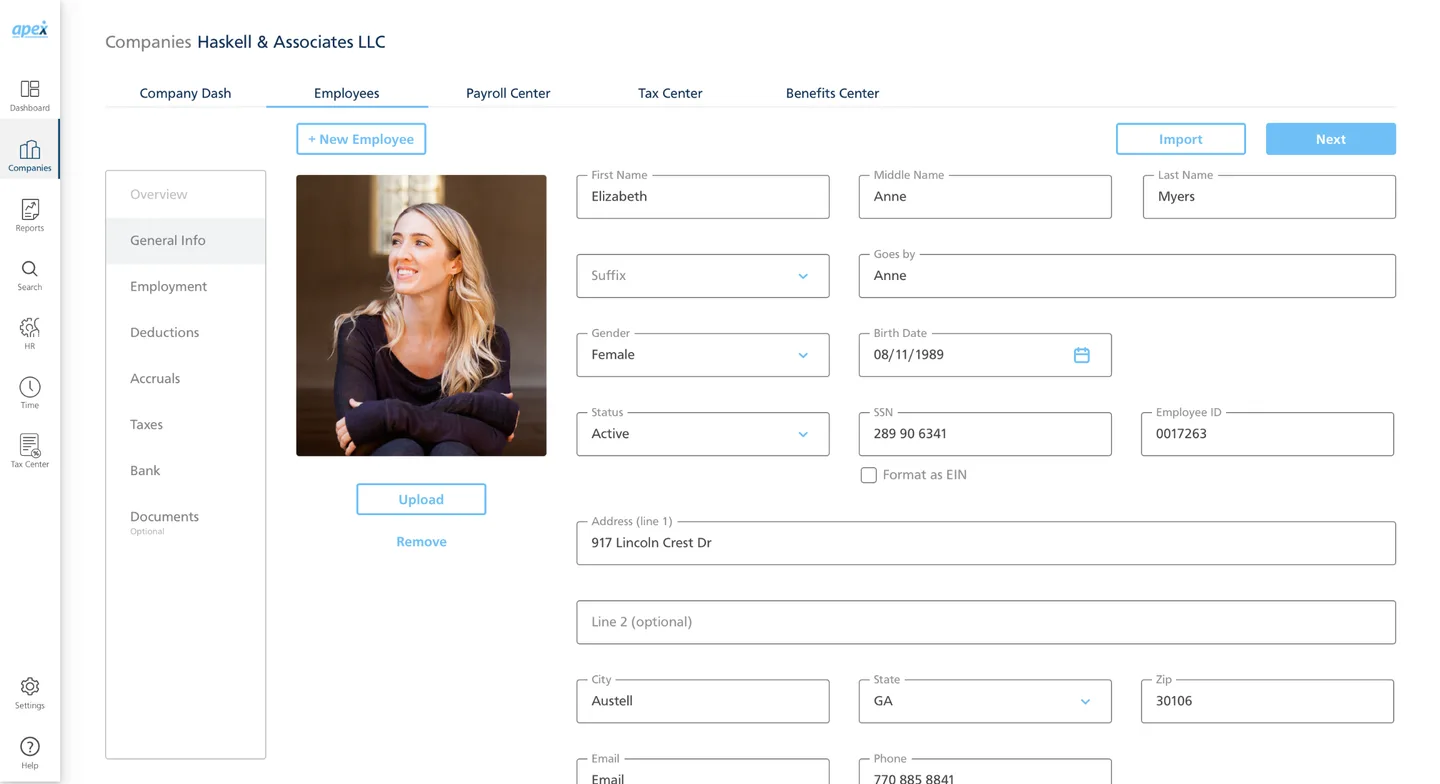 Redesigned employee profile showing Elizabeth Myers with photo, form fields for name, gender, birth date, status, SSN, employee ID, and address in a clean sidebar navigation layout