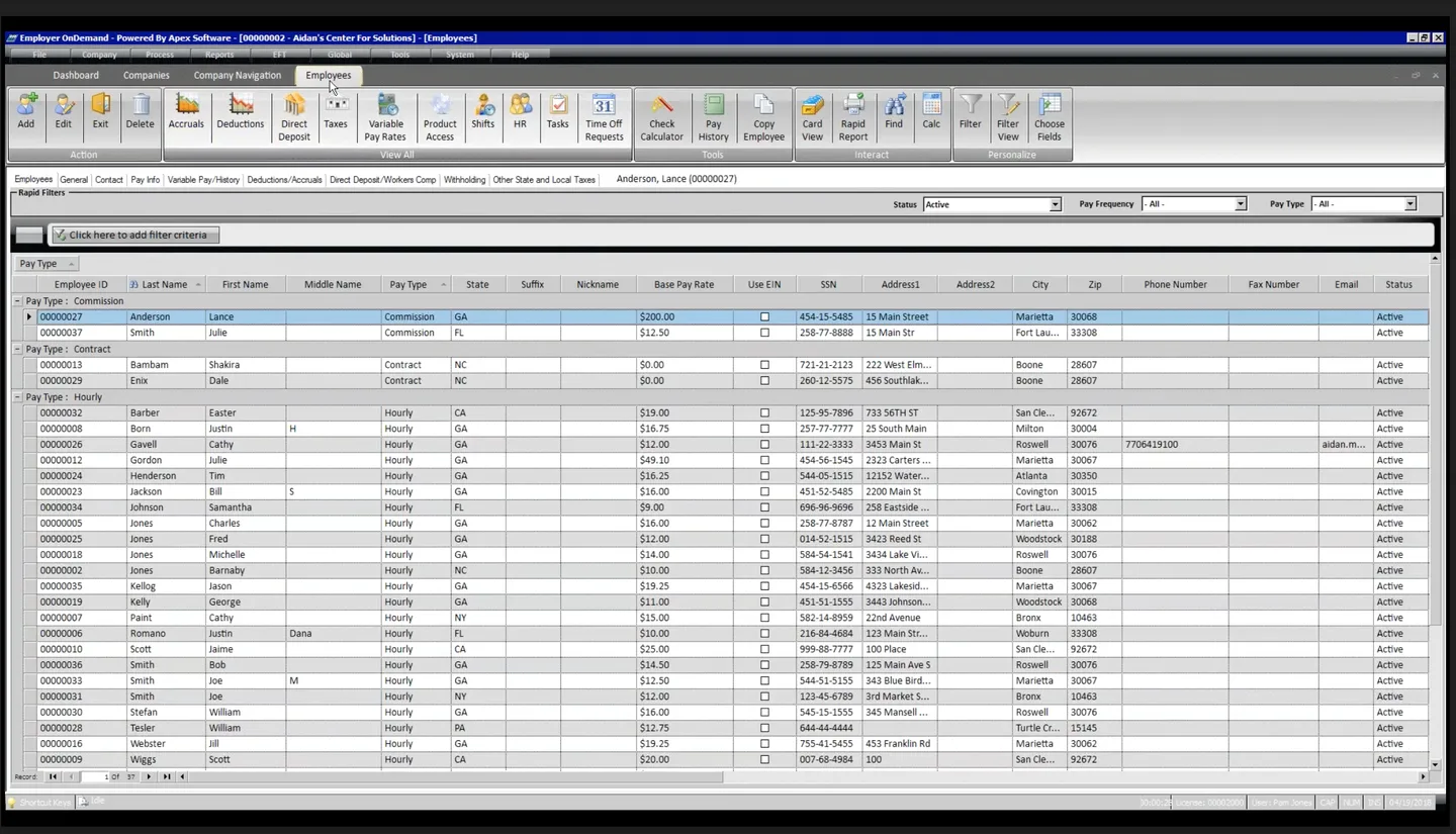 Legacy Apex employee list showing crowded data table with small fonts, dense toolbar icons, and multiple sub-tabs