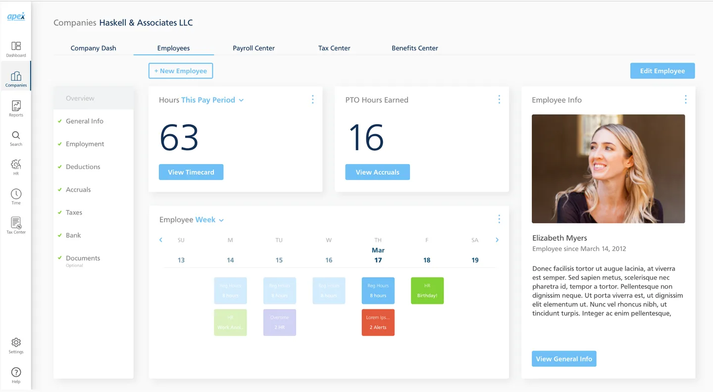 Employee dashboard showing Hours This Pay Period of 63, PTO Hours Earned of 16, weekly employee schedule with color-coded events, and employee profile card for Elizabeth Myers