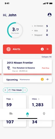 Kayo dashboard showing fleet overview with 3 of 7 vehicles, alerts, and trip stats