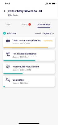 Maintenance list view with upcoming service items and mileage tracking