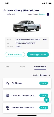 Maintenance tab showing oil change, cabin air filter, and tire rotation schedules