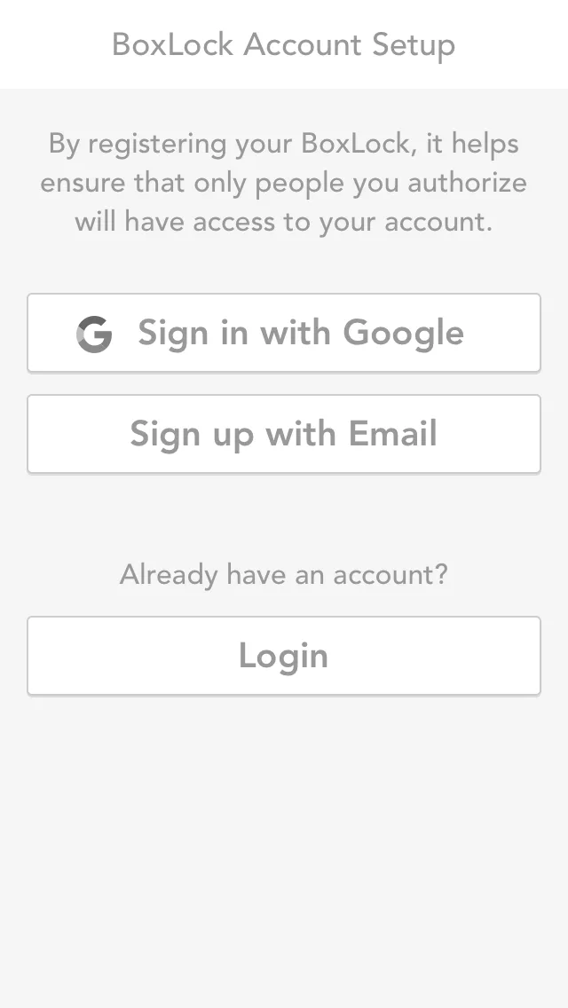 BoxLock account setup screen with Google sign-in and email options