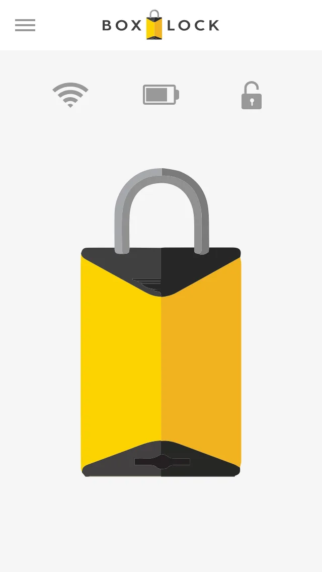BoxLock mobile app lock overview screen showing Wi-Fi, battery, and lock status indicators