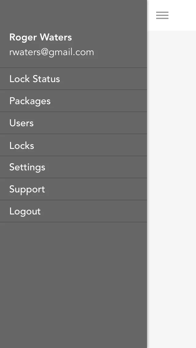 BoxLock navigation drawer showing packages, users, locks, and settings