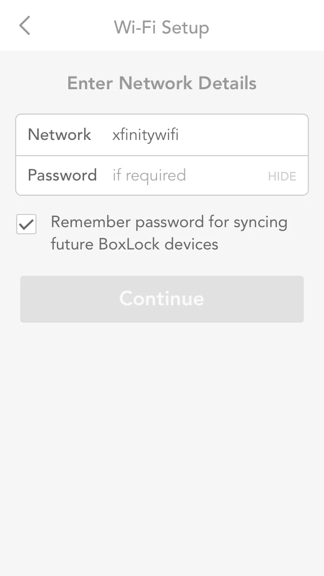 BoxLock Wi-Fi network selection and password configuration screen