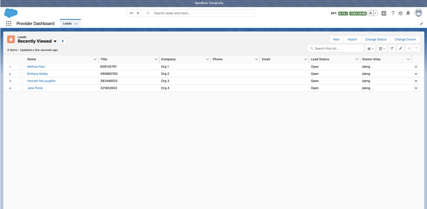 Salesforce Provider Dashboard showing leads list with patient names, organizations, and lead status for Congruity Health interventions