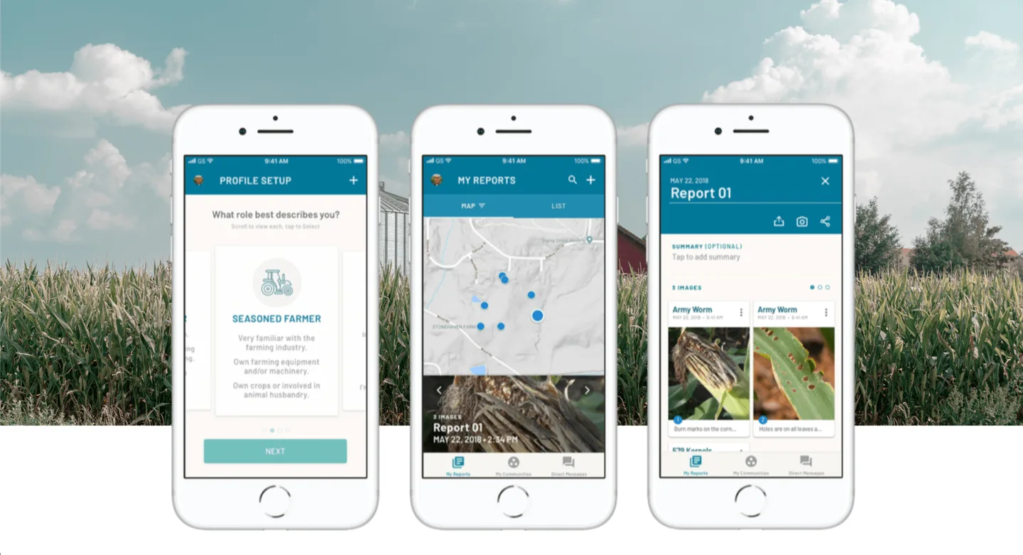 Farmwave mobile app showing profile setup, reports map, and field report screens