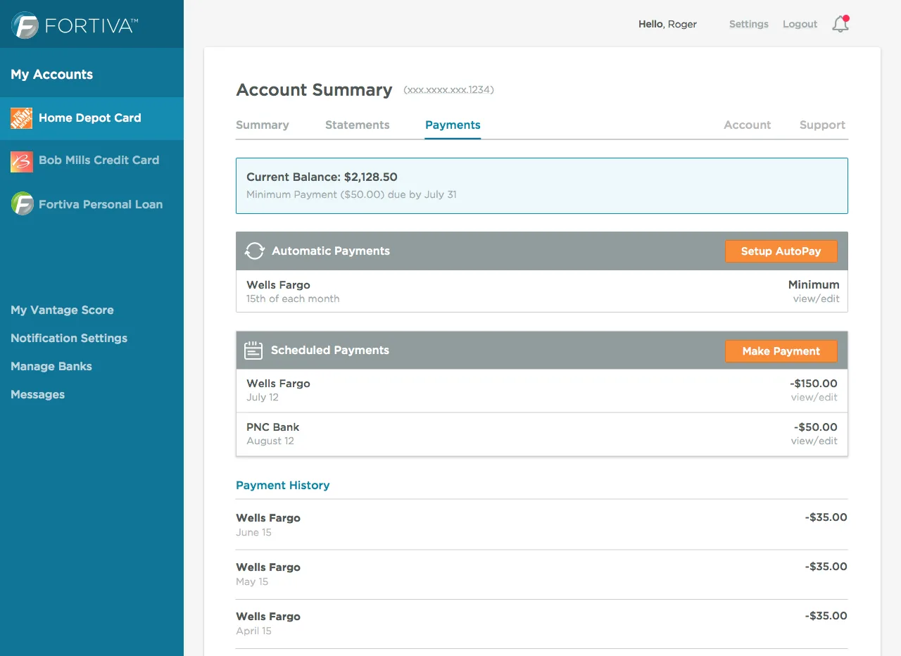 Fortiva desktop portal payments view showing automatic payments, scheduled payments, and payment history