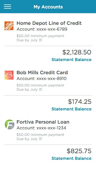 Fortiva My Accounts view with branded retail partner logos and statement balances