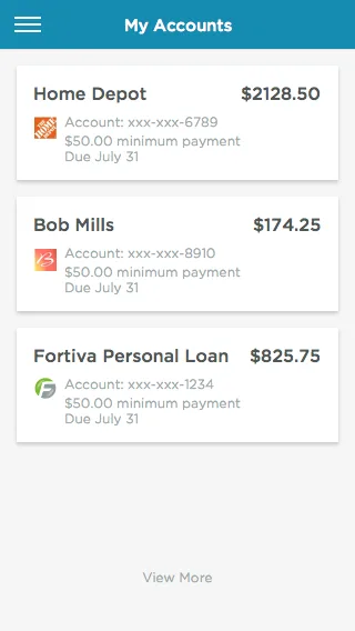 Fortiva My Accounts view showing multiple credit accounts with balances and due dates