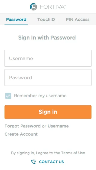 Fortiva mobile app login screen with password, TouchID, and PIN access tabs
