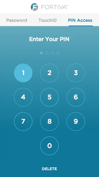 Fortiva mobile app PIN access screen with numeric keypad on teal gradient background