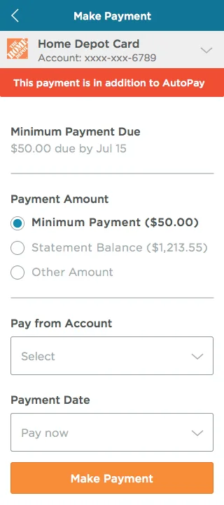 Fortiva mobile make payment screen with amount options, payment account selection, and date picker