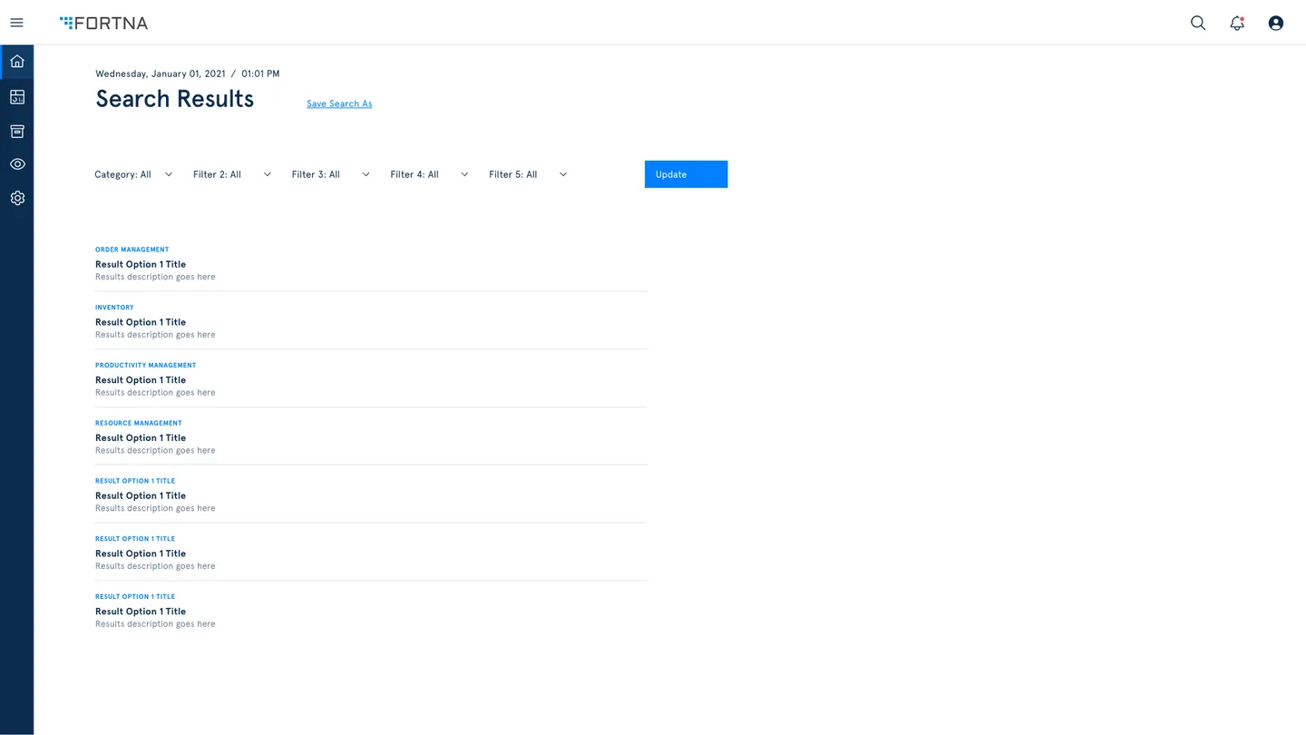 FortnaWES global search results showing categorized results across Order Management, Inventory, Productivity Management, and Resource Management